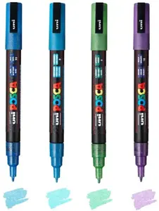 Marker set POSCA PC-3M by POSCA, 4 pcs, glitter ink, colors: blue, light blue, green, violet