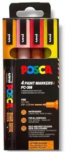 Маркеры POSCA PC-3M Glitter от POSCA — тонкий маркер с круглым пишущим наконечником в тёплых глиттер-цветах (оранжевый, розовый, красный, жёлтый)