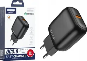 Sienas lādētājs Jellico C32 18W 1x USB ar QC3.0, melns