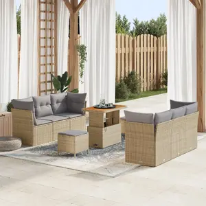 Outdoor Sofa Set VidaXL 9-piece with Cushions, Beige, Polyrattan and Acacia Wood