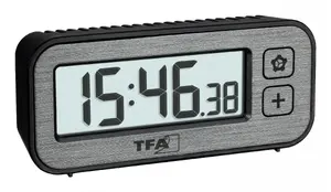 Quartz mini alarm clock TFA Dostmann 60.2039.10 with temperature and humidity switch, battery AAA, rectangular black/grey