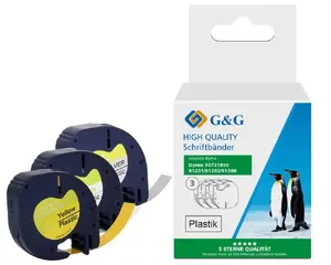 Etiķešu lenta komplekts G&G 20892 — nepārtrauktas etiķetes, melns uz balta/dzeltena/sudraba, 12 mm × 4 m, 3 gab.
