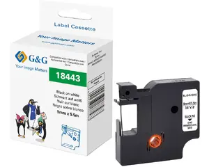 Etiķešu lente G&G 21706 — nepārtraukta vinila lente, melns uz balta, 9 mm × 5,5 m