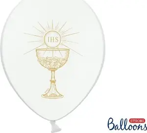 PartyDeco balloons for First Communion IHS white with gold print 30 cm set of 6