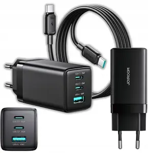 Сетевое зарядное Joyroom JR-TG10 65W GaN 2x USB-C + USB-A с кабелем USB-C–USB-C 100W 1.2 м, чёрное