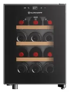 Hibrīda vīna dzesētājs Climadiff CUVEE12 — brīvi stāvošs, melns, 12 pudeles, 11–18°C, skārienvadība
