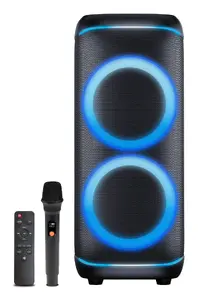 Party-колонка DENVER BPS-470 — 200 Вт RMS, 10" низкочастотный, 2.5" твитер, проводная и беспроводная, USB-A, MicroSD, чёрная
