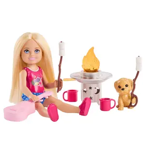 Mini leļļu komplekts MATTEL Barbie Chelsea Outdoor Adventures ar kucēnu un kempinga piederumiem