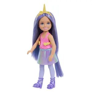 Mini lelle Barbie Chelsea no MATTEL — fantāzijas stili ar aksesuāru: nāriņa, vienradzis vai karaliskā izskata, 3–9 g., plastmasa un audums
