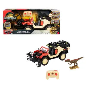 MATTEL Jurassic World Dino Catcher RC Remote-Control Toy Truck with Dinosaur Figure, Plastic, Multicolour, AA Batteries