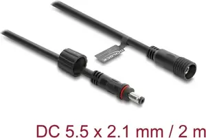 DELOCK DC extension cable 5.5 x 2.1 mm plug to socket with M12 x 1.75 mm screw thread, waterproof, 18 AWG, 2 m
