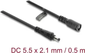 DELOCK DC extension cable 5.5 x 2.1 mm plug to jack with bayonet lock, 18 AWG, 0.5 m, black