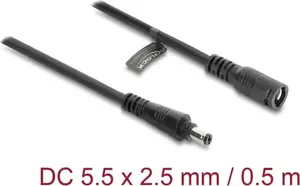 DELOCK DC extension cable 5.5 x 2.5 mm plug to socket with bayonet lock, 18 AWG, 0.5 m, black