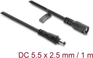 DC extension cable DELOCK 5.5 x 2.5 mm plug to socket with bayonet lock, 18 AWG, 1 m, black