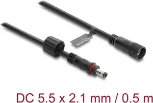 DC Extension Cable DELOCK 5.5 x 2.1 mm Plug to Socket with M12 x 1.75 mm Screw Thread, Waterproof, 18 AWG, 0.5 m, Black
