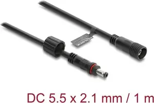 DELOCK DC extension cable 5.5 x 2.1 mm plug to socket with M12 x 1.75 mm screw thread waterproof 18 AWG, 1 m