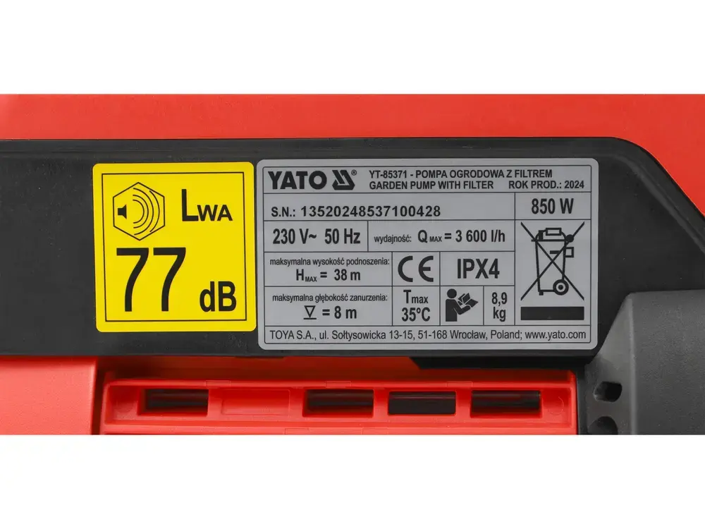 YATO YT-85371 садовый электронный насос 850 Вт 3600 л/ч Photo 12