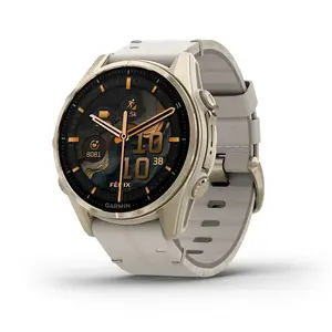 Смарт‑часы GARMIN Fenix 8 43 мм, 1.3" AMOLED 416×416, сенсорный, Wi‑Fi, GPS, 32 ГБ, золотой корпус, серый кожаный ремешок