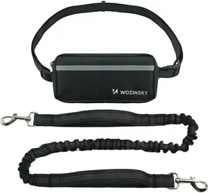 Running waist belt Wozinsky WPST-01 with pouch and elastic dog leash, black