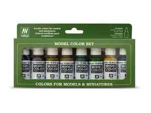Krāsu komplekts VALLEJO Panzer Colors — akrilas modelēšanas krāsas kaujas tehnikai, toņu komplekts, pudelītes 17 ml