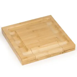 Serving platter Springos KI0168 with bamboo board, stainless steel cheese knives and fork, sliding drawer, 33 x 33 cm