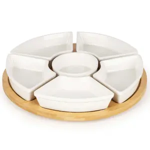 Rotating serving platter Springos KI0169 — 30 cm bamboo tray with 5 porcelain bowls, 360° rotating mechanism