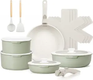 CS Kochsysteme 17-piece Space-Saving Cookware Set, Forged Aluminum, Triple-Layer Marble Non-Stick, Oven-Safe to 230°C, Mint