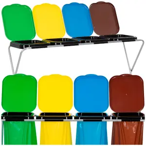 Waste segregation stand Springos HA1109 — metal frame with 4 colored PP covers (green, yellow, blue, brown), max load 30 kg