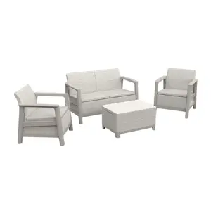 Dārza mēbeļu komplekts Keter Scandi Linea 2 vietu — pebble grey / light beige, 2 atzveltnes krēsli, dīvāns, galds, CLICK montāža