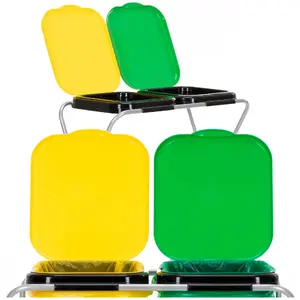 Waste segregation stand Springos HA1107 — metal frame with 2 compartments, PP lids in green and yellow, max load 20 kg