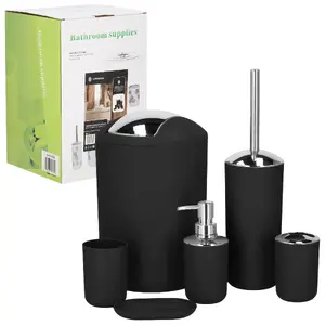 Bathroom accessory set Springos HA1111 — 6-piece set: trash bin, toilet brush with holder, soap dispenser, toothbrush holder, soap dish, cup (PP, black/silver)