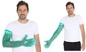 HYGOSTAR LDPE cimdi SOFTLINE LONG PLUS zaļi universāla izmēra ar gumijas aproci augšdelmam, gludi un mīksti (modelis 2621)