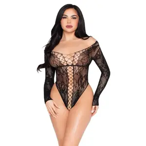 Leg Avenue Net and Lace Teddy 89370 — melns stiepjošs mežģīņu un tīkliņa bodijs, one size