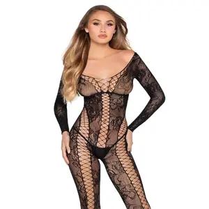 Leg Avenue Net & Lace Jumpsuit 89369 — чёрный комбинезон из сетки и цветочного кружева, one size