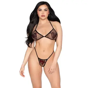 Fishnet Bra Top and G-String Panty set LEG AVENUE 86147, black, one size, mesh with rhinestone hearts