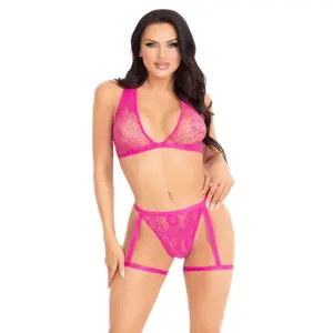 Leg Avenue Lace Bra Top and Panty with Garters 86148 — Pink, One Size