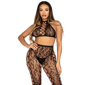 Leg Avenue Komplekts: crop tops un atvērtas biksnes zeķes — tīklojuma leoparda efekts, 93% neilons/7% elastāns, one size