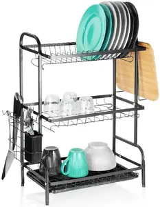 Dish Drying Rack Vilde metal 3-tier black for kitchen dishes, cutlery holder, drip tray