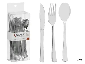 Kinvara plastic silver cutlery set 24 pieces, model 10683, reusable disposable-style flatware
