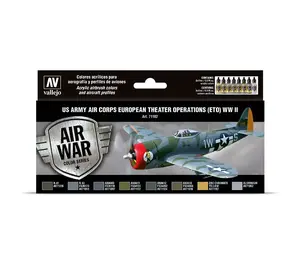Krāsu komplekts VALLEJO Model Air – US Army Air Corps European Theater Operations (ETO) WWII, 8×17 ml pudelītes, krāsas: Dark Olive Drab, Neutral Gray, Medium Gunship Gray, US Light Green, USAF Green, Aluminium, Green, Yellow