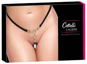 Panties Cottelli Collection String Flowers S-L — crotchless stretch strap thong with rhinestone-decorated front flowers, adjustable waistband, 90% polyamide 10% elastane
