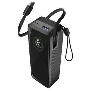 Cellularline Roller 20000 Power Bank with 20000 mAh Battery Capacity, 65W Fast Charging, Built-in USB-C Cable, Display, USB Type-A and USB Type-C Ports, Black