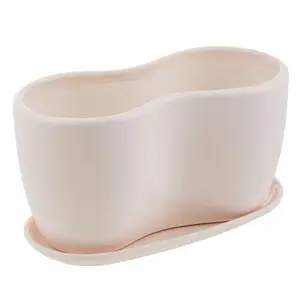 Ceramic Flower Pot with Saucer Pakalnutė by Unknown Brand, Cream — indoor plant pot, ceramic planter