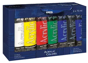 Akrila krāsu komplekts KREUL el Greco — 6 krāsas (melna, zila, zaļa, sarkana, balta, dzeltena), 75 ml tūbiņas, spīdīgas