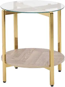 Side table Beliani LOVELL — glass top with light wood and gold accents