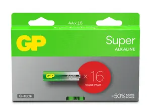 Батарейка AA GP Super Alkaline GP15A 1,5 В — одноразовая, щелочная, упаковка 16 шт.