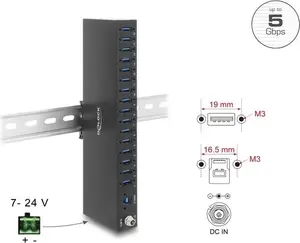 DELOCK Промышленный USB-концентратор 16× USB 5 Gbps Type-A с 8 kV ESD защитой и креплением на DIN-рейку (60793)