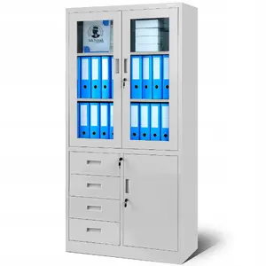 Office Glass Cabinet with Drawers Jan Nowak WIOLA, Grey, Glass Doors, Lockable Drawers