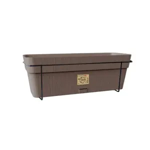 Balcony flower pot set with automatic watering system and metal support, stefanplast 50x18x17 cm, 9.5 L, brown, recycled plastic