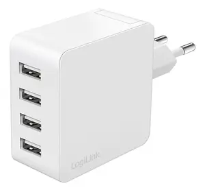 USB wall adapter LOGILINK PA0336W, 4x USB-A ports, 24W total, Europlug, Input 100–240V AC 50/60Hz